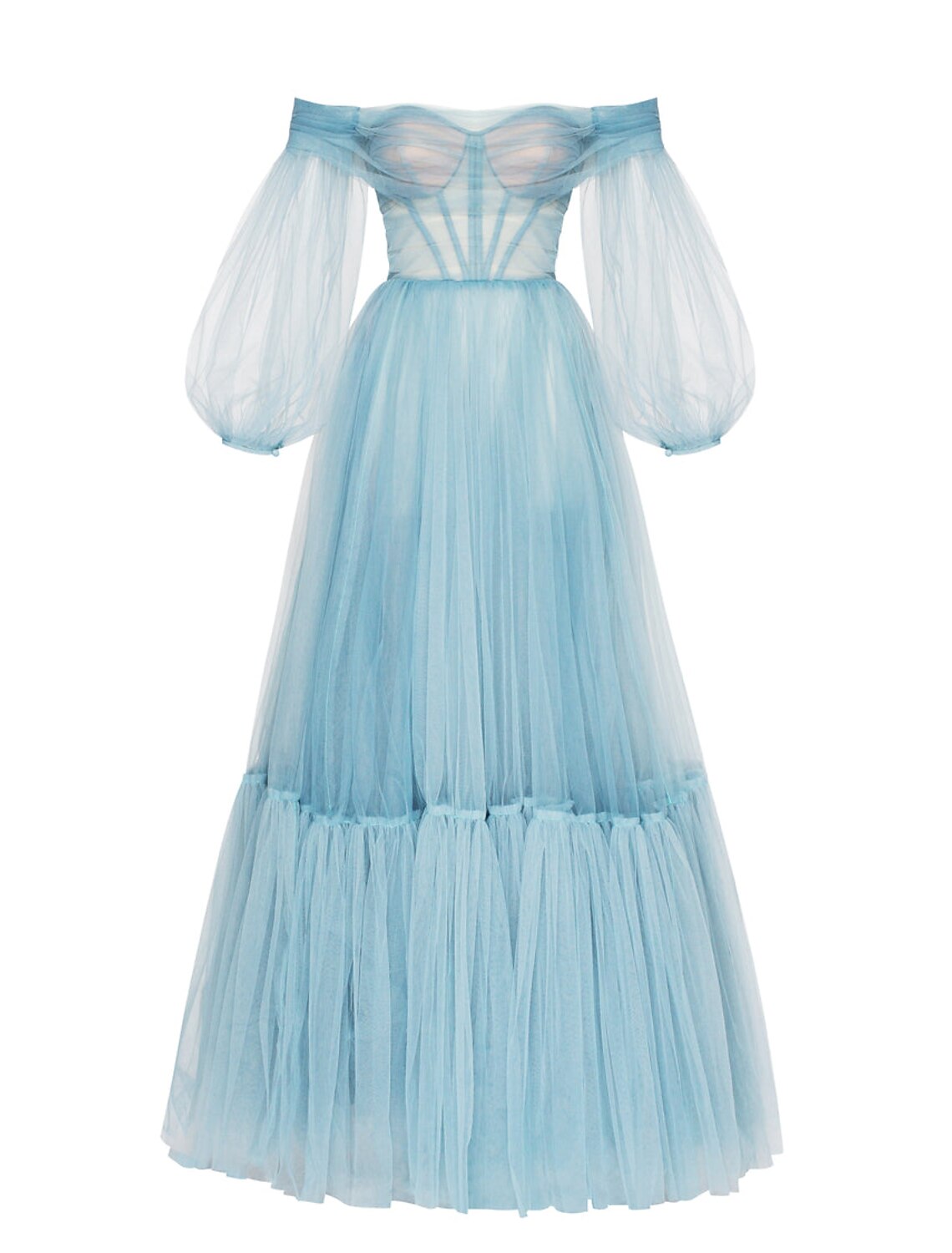 Vestido de fiesta elegante y sexy de corte A para invitada de boda, con hombros descubiertos, manga larga, largo hasta el suelo, de tul con lazo(s) y pliegues.