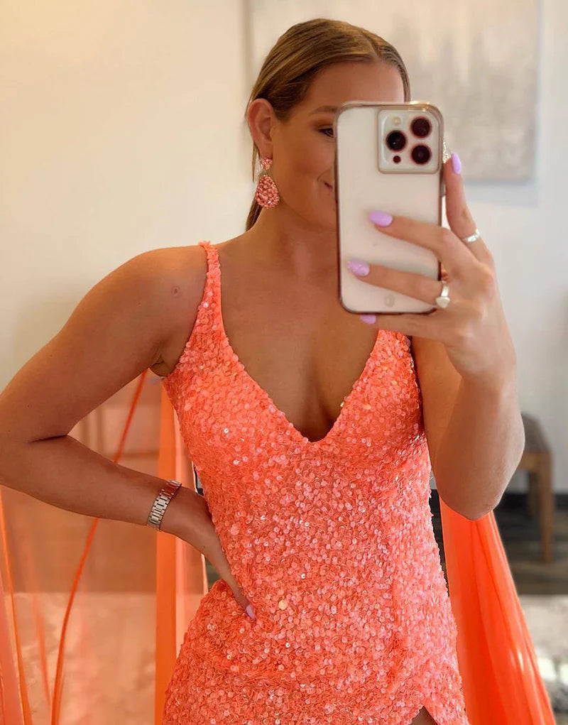 Vestido de fiesta de sirena con escote en V y lentejuelas con abertura