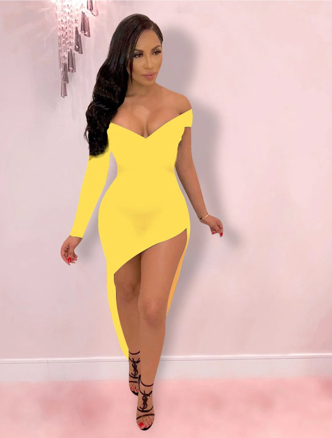 Vestido sexy y caliente para fiesta, para club, con abertura alta, escote en V, hombros descubiertos, manga larga, ajustado, asimétrico, de licra, con diseño elegante