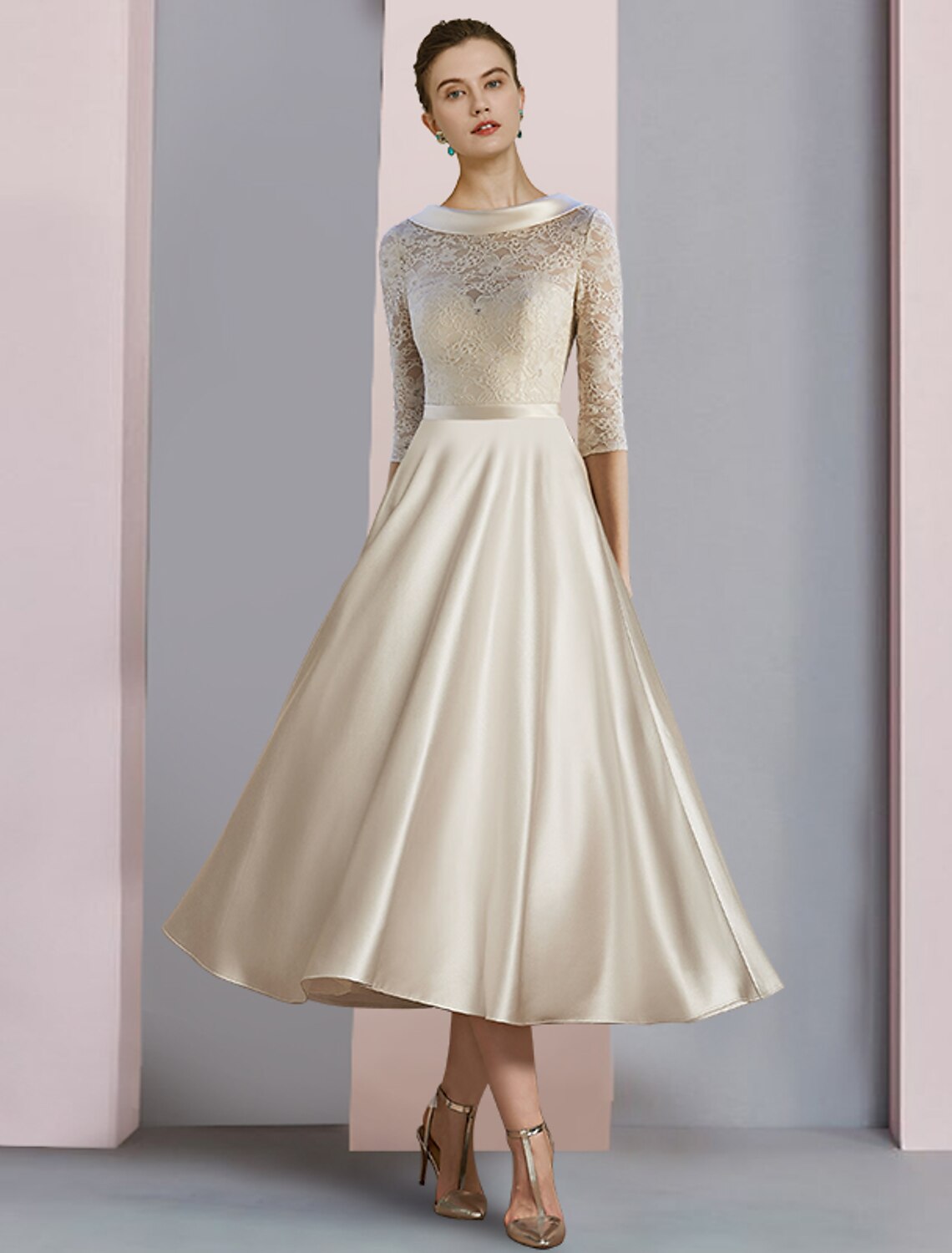 Sheath / Column Mother of the Bride Dress Wedding Guest Party Elegant Scoop Neck Tea Length Satin Lace Half Sleeve with Bow(s) Pleats