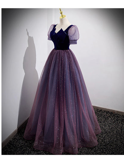 A-Linien-Ballkleider, Sparkle &amp; Shine-Kleid, Hochzeitsgast-Ballkleid, bodenlang, kurze Ärmel, U-Ausschnitt, Tüll mit Pailletten