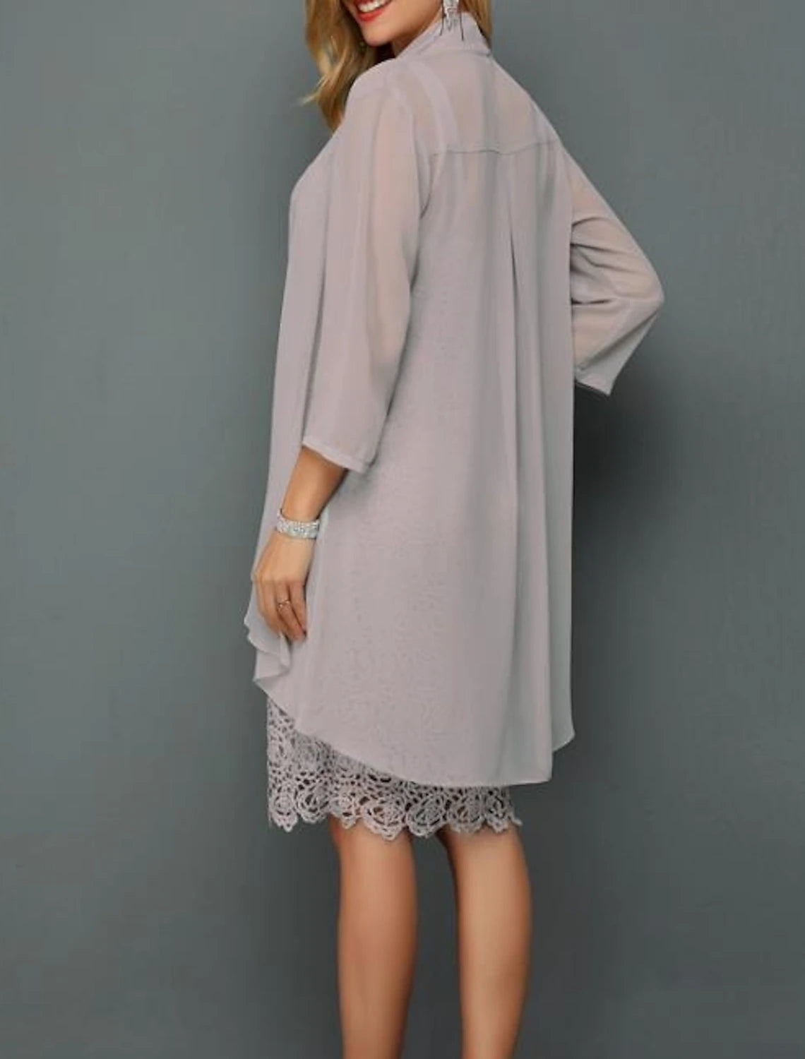 Two Piece Sheath / Column Mother of the Bride Dress Wedding Guest Church Elegant Plus Size Bateau Neck Knee Length Chiffon Lace 3/4 Length Sleeve Jacket Dresses with Appliques