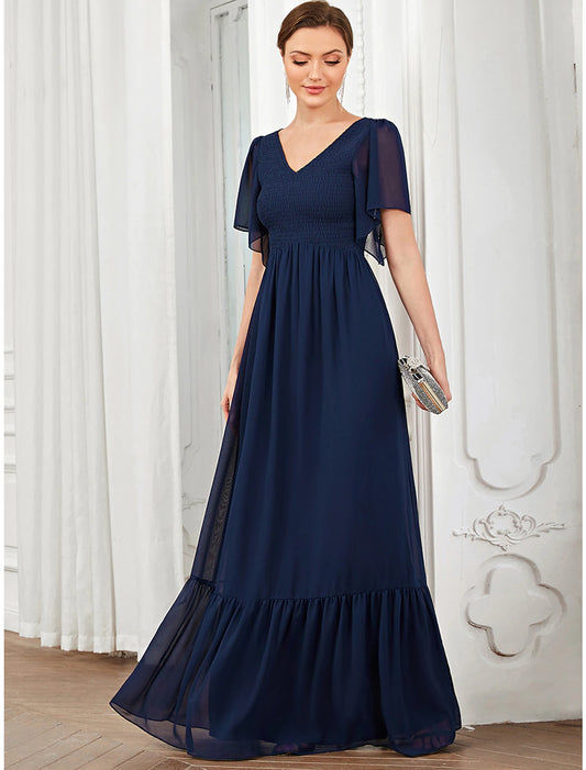 A-Line Prom Dresses Elegant Dress Wedding Guest Party Wear Floor Length Short Sleeve V Neck Chiffon with Pleats