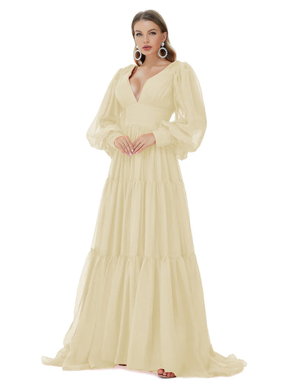 Vestidos de fiesta de corte A, sexys, para fiesta, formales, de noche, con cola larga y escote en V, de gasa con fruncido.