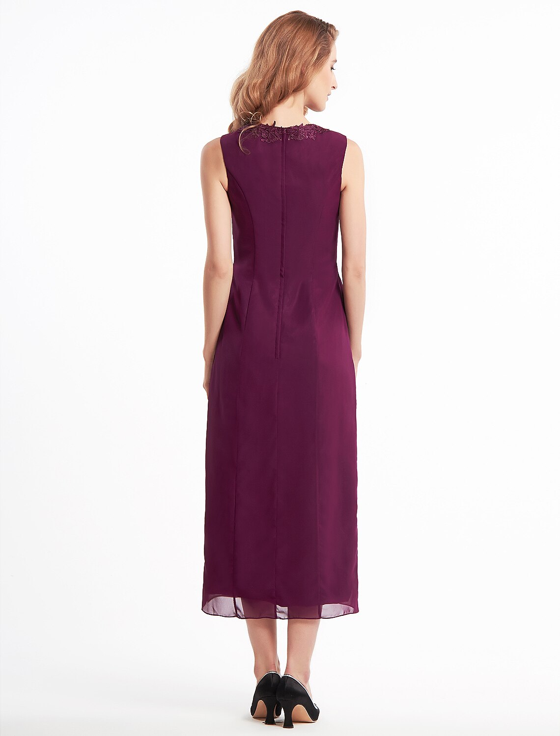 Sheath / Column Mother of the Bride Dress Convertible Dress V Neck Tea Length Chiffon 3/4 Length Sleeve with Lace