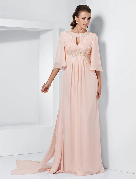 A-Linie Kleider für besondere Anlässe Elegantes Kleid für Hochzeitsgäste Formeller Abend Sweep/Pinsel Schleppe Halbe Ärmel Rundhalsausschnitt Chiffon mit Perlenbesatz Drapierung