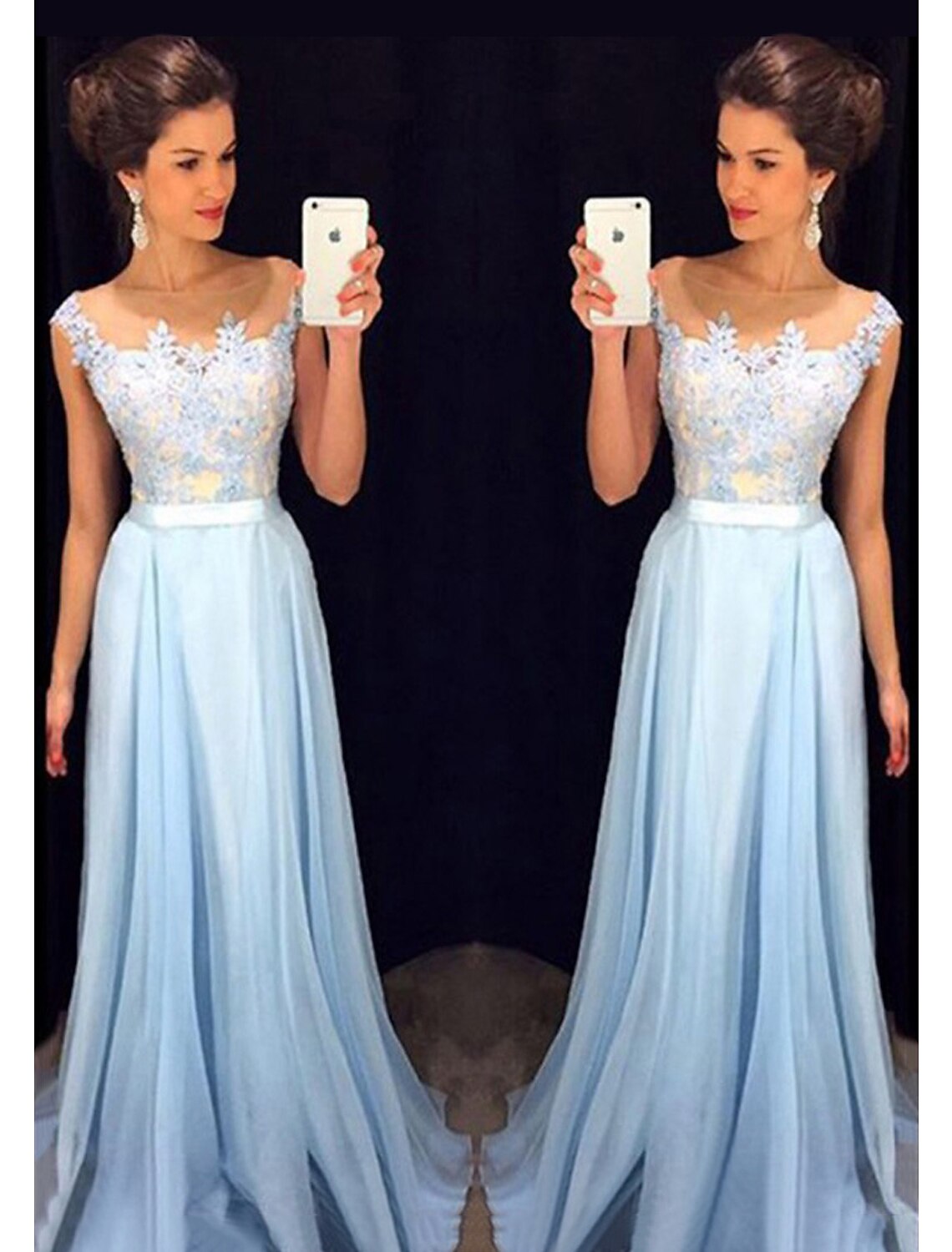A-Line Prom Dresses Color Block Dress Formal Prom Floor Length Sleeveless Jewel Neck Chiffon with Beading Appliques
