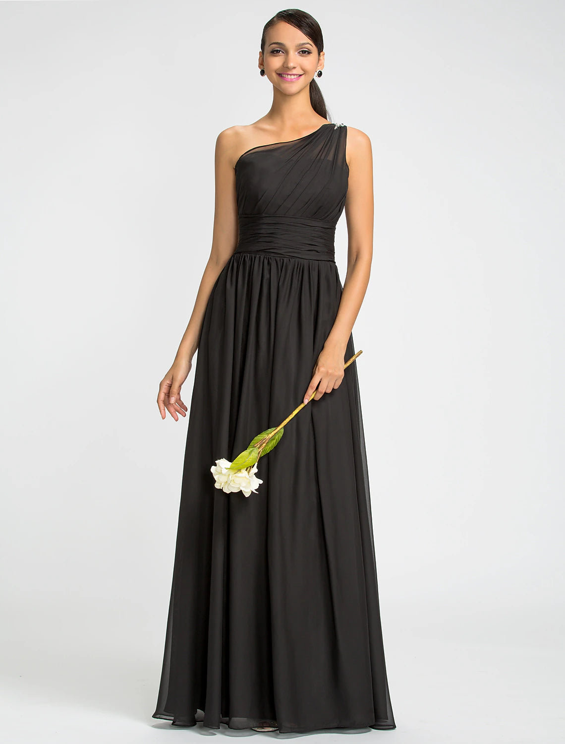 A-Line / Ball Gown One Shoulder Floor Length Chiffon Bridesmaid Dress with Beading / Sash / Ribbon / Side Draping