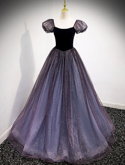 Ballkleid-Abschlussballkleider, süßes Kleid, Verlobungs-Abschlussball, bodenlang, kurze Ärmel, quadratischer Ausschnitt, Tüll mit Pailletten-Spleißen