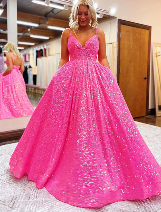 Vestidos de fiesta de corte A, brillantes y con brillo, formales, con cola larga y sin mangas, escote en V, lentejuelas, espalda descubierta y pliegues.