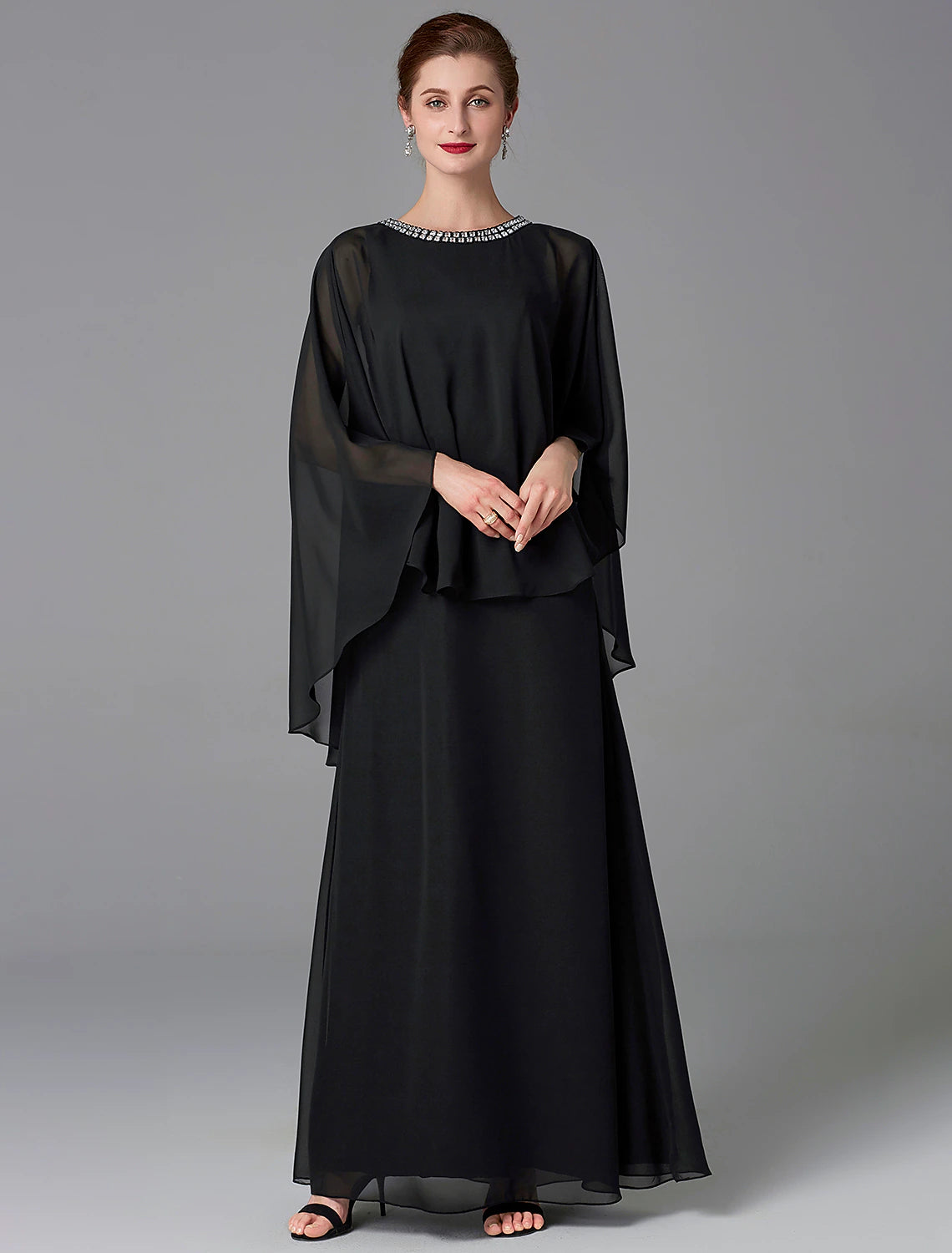 A-Line Mother of the Bride Dress Wedding Guest Elegant Cape Dress Plus Size Jewel Neck Floor Length Chiffon Sleeveless with Beading