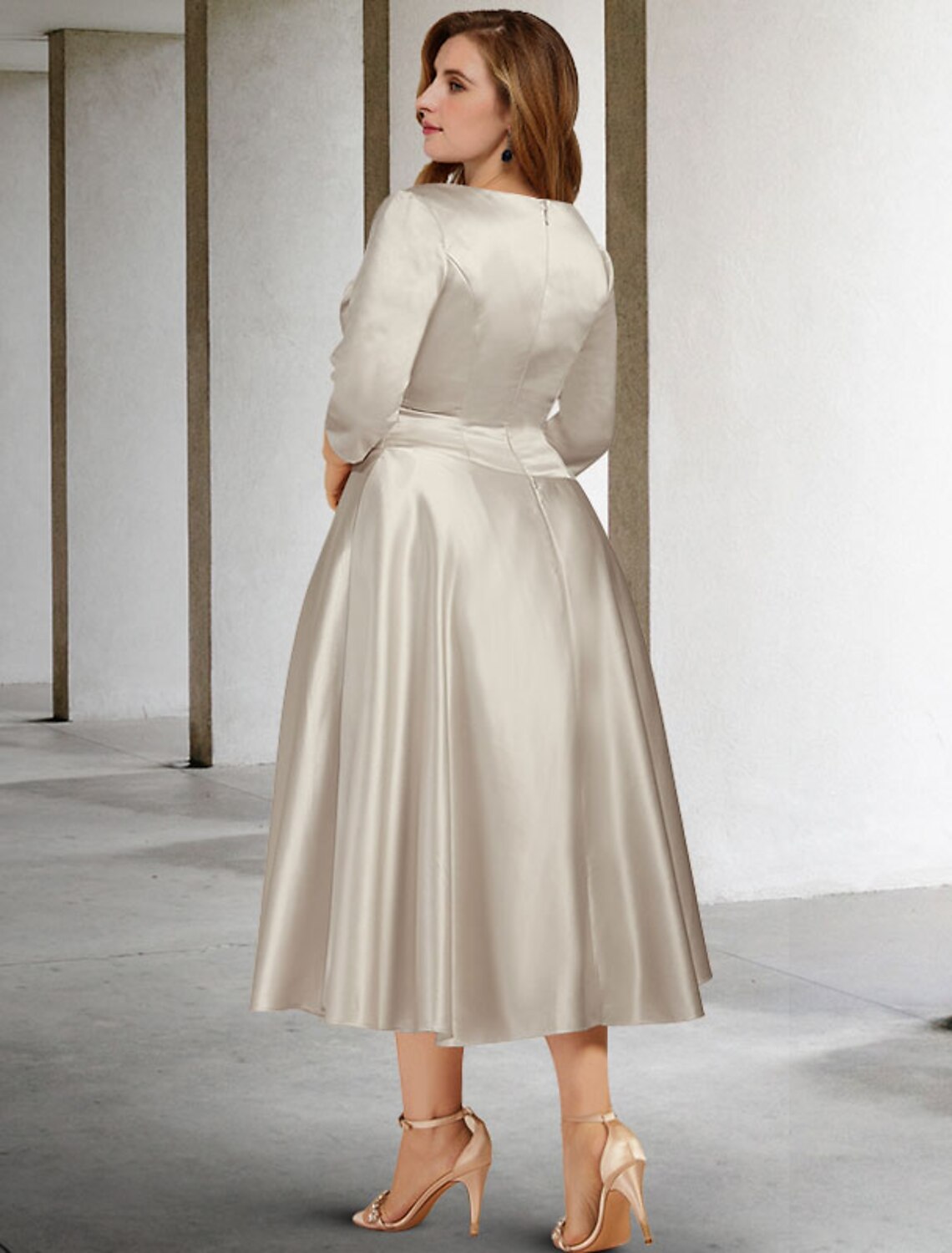 A-Line Mother of the Bride Dresses Plus Size Hide Belly Curve Vintage Dress Formal Tea Length Sleeveless V Neck Satin with Ruched