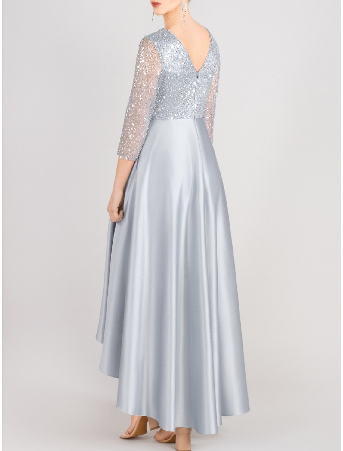 A-Line Mother of the Bride Dress Wedding Guest Elegant V Neck Asymmetrical Satin 3/4 Length Sleeve with Sequin Ruching