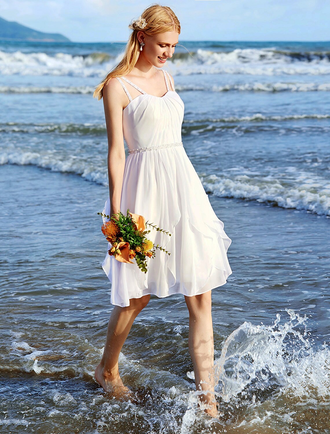 Brautkleider A-Linie Herzausschnitt Normale Träger Knielang Chiffon Brautkleider Mit Schärpe/Band Gerüscht