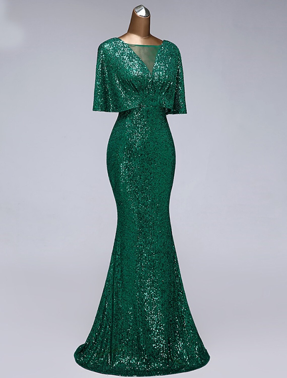 Vestidos de fiesta de sirena/trompeta, vestido brillante, para invitadas de boda, para graduación, largo hasta el suelo, media manga, cuello ilusión, con lentejuelas y volantes de lentejuelas