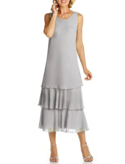 A-Line Mother of the Bride Dress Elegant Plus Size Jewel Neck Tea Length Chiffon Long Sleeve Jacket Dresses with Lace Sash / Ribbon