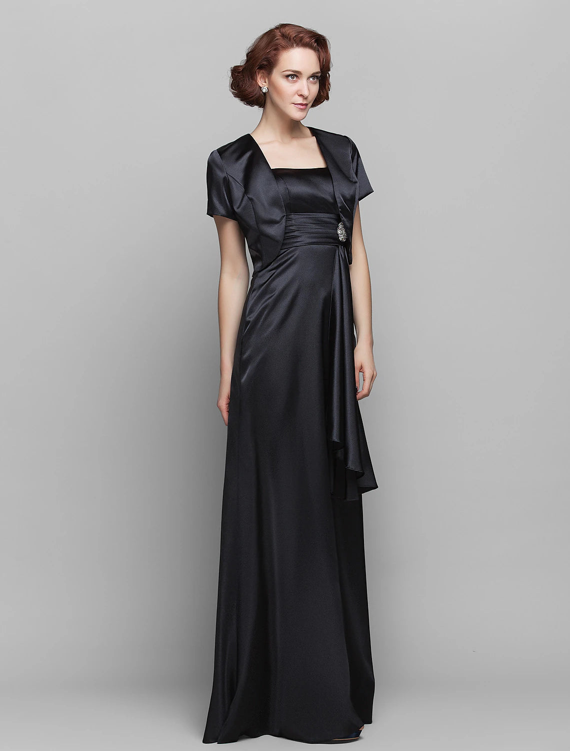 Sheath / Column Mother of the Bride Dress Wrap Included Spaghetti Strap Floor Length Stretch Satin Short Sleeve with Ruched Tassel Crystal Brooch