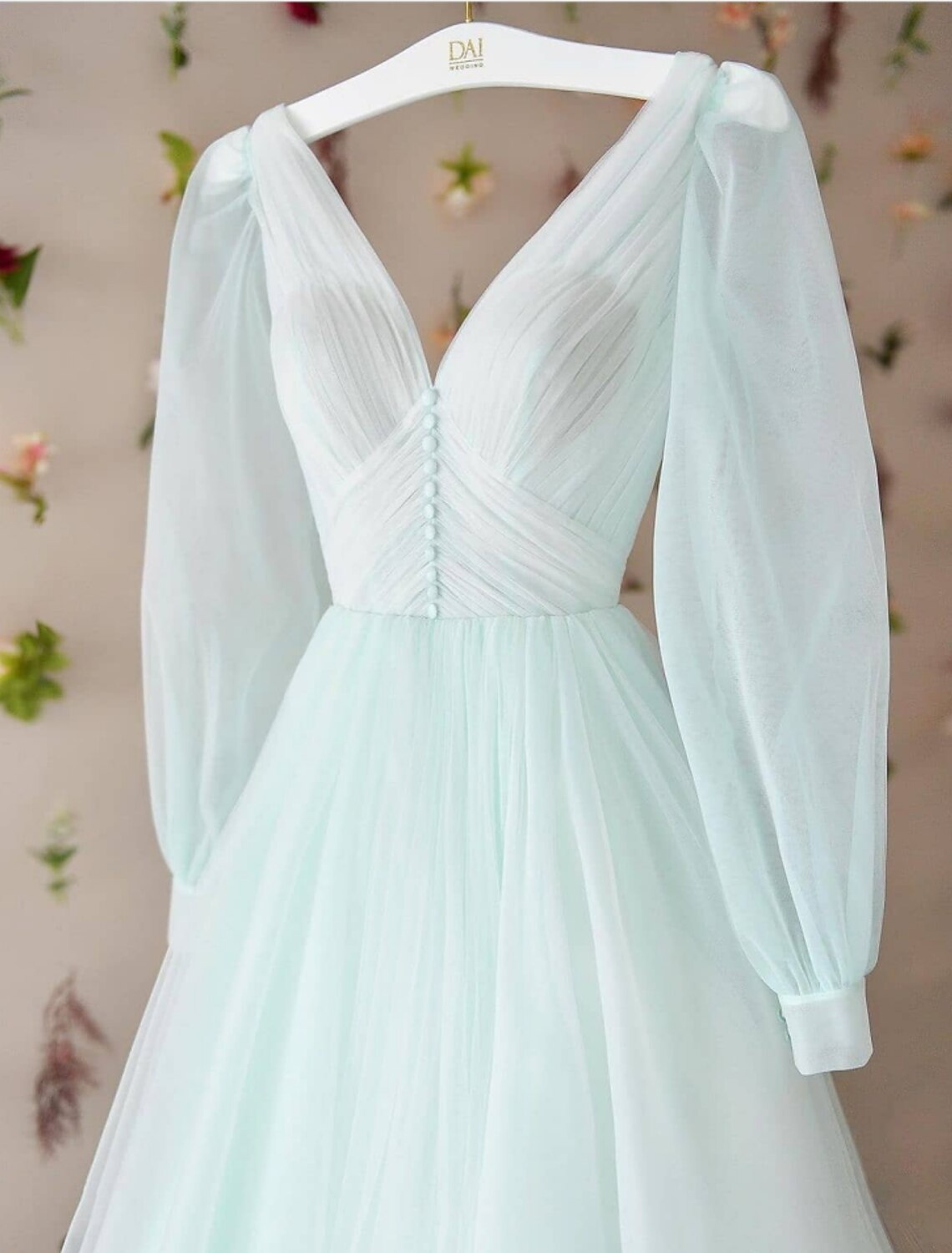 A-Line Minimalist Elegant Party Wear Prom Dress V Neck Long Sleeve Floor Length Tulle with Pleats