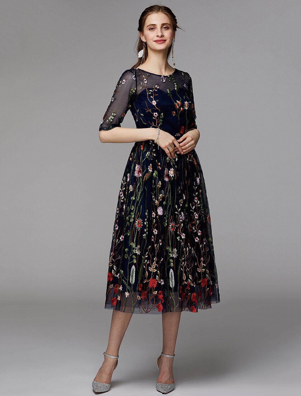 A-Linien-Partykleid für den Urlaub, Hochzeitsgast, knielang, Halbarm, Illusionsausschnitt, Herbst, Hochzeitsgast, Organza mit Stickapplikationen