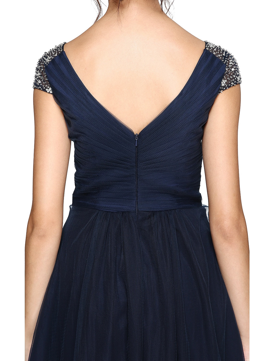 Vestido minimalista de corte tubo/columna para invitada de boda, baile de graduación, asimétrico, manga corta, escote en V, vestido de dama de honor, tul, espalda en V con pliegues entrecruzados y abalorios