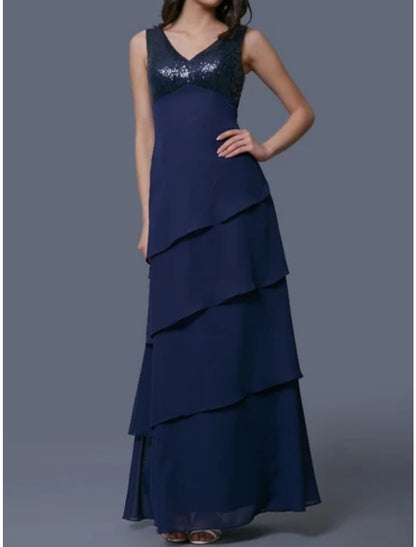 Vestido de madre de la novia con corte tubo/columna, elegante, escote redondo, largo hasta los tobillos, de gasa, media manga con capa de lentejuelas.