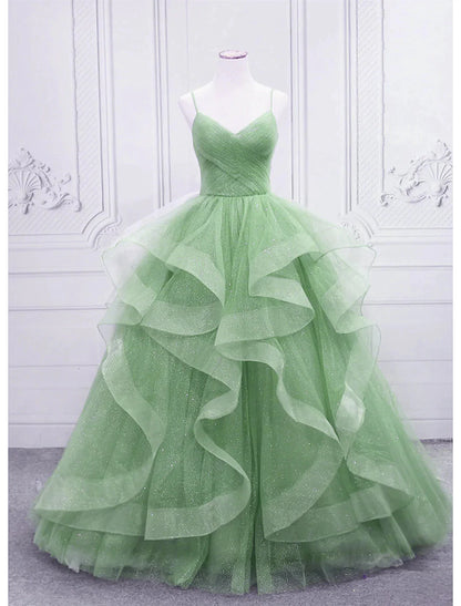 Ballkleid, Ballkleider, glitzerndes Kleid, formell, bodenlang, ärmellos, V-Ausschnitt, Tüll mit glitzernden Rüschen
