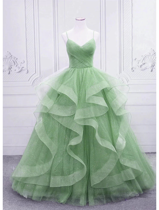 Ballkleid, Ballkleider, glitzerndes Kleid, formell, bodenlang, ärmellos, V-Ausschnitt, Tüll mit glitzernden Rüschen