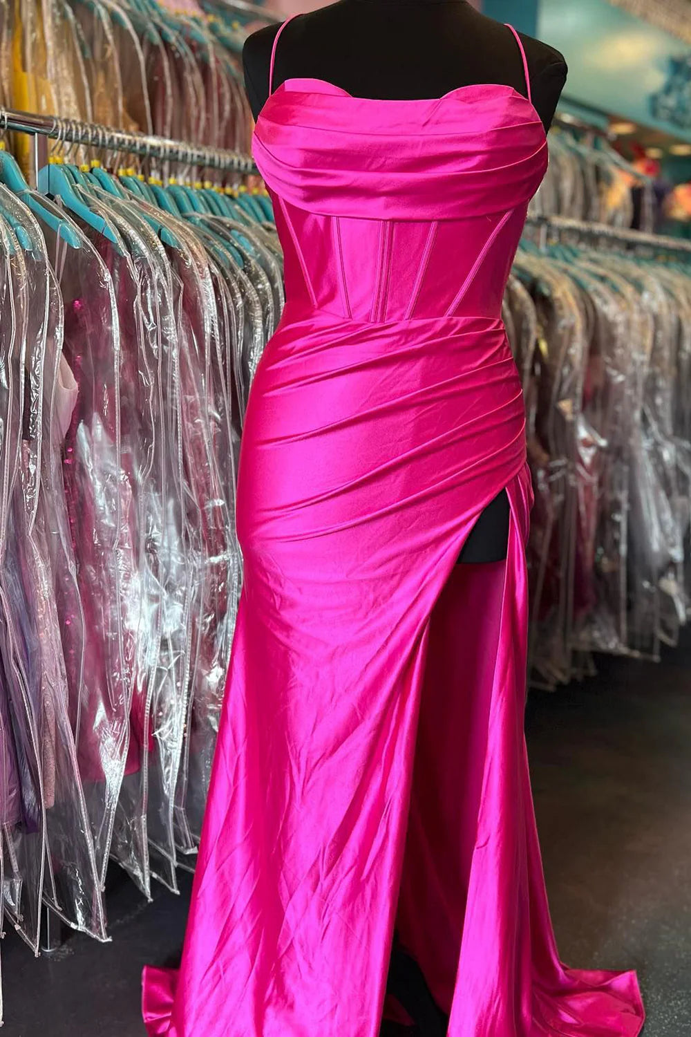 Mermaid Spaghetti Straps Satin Prom Dress with Slit