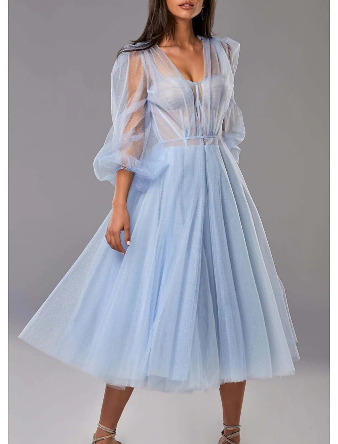 Two Piece A-Line Prom Dresses Elegant Dress Wedding Guest Prom Tea Length Half Sleeve Sweetheart Tulle with Pleats Pure Color