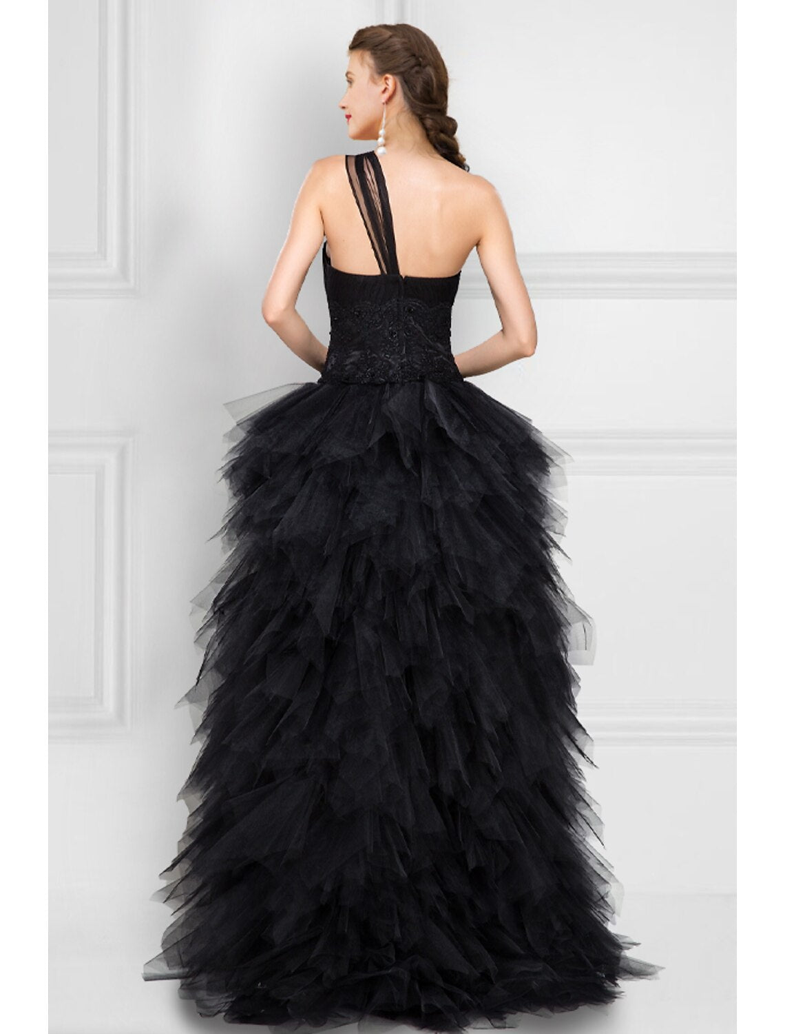 Ball Gown Prom Black Dress Tiered Plisse Dress Masquerade Prom Asymmetrical Sleeveless One Shoulder Tulle Ladder Back with Pure Color