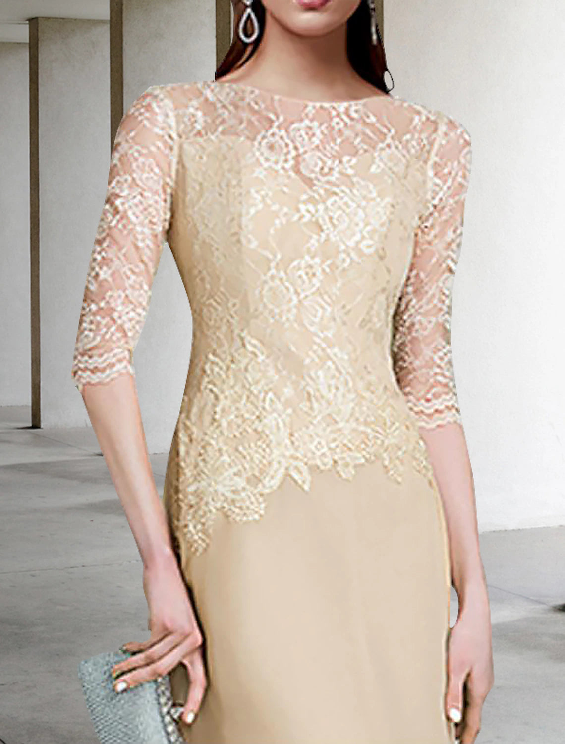 Sheath / Column Mother of the Bride Dress Wedding Guest Elegant Jewel Neck Floor Length Chiffon Half Sleeve with Lace Solid Color