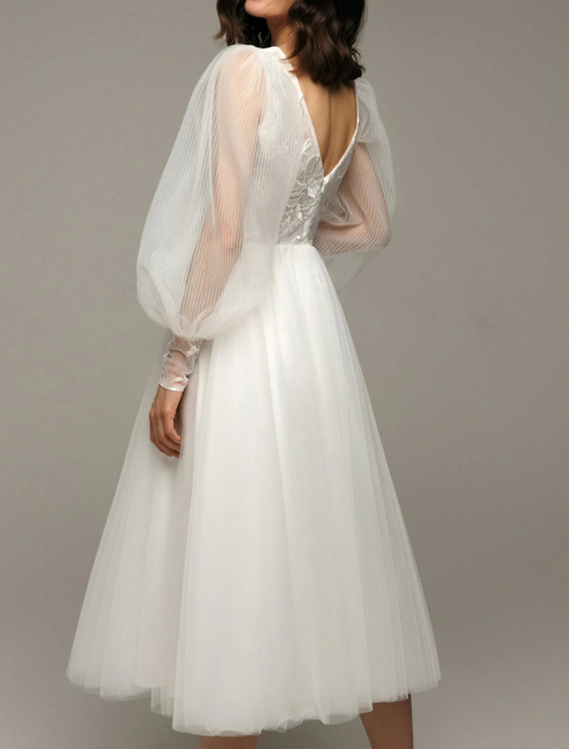 Hall Vintage 1940s / 1950s Little White Dresses Wedding Dresses A-Line V Neck Long Sleeve Tea Length Satin Bridal Gowns With Appliques Solid Color