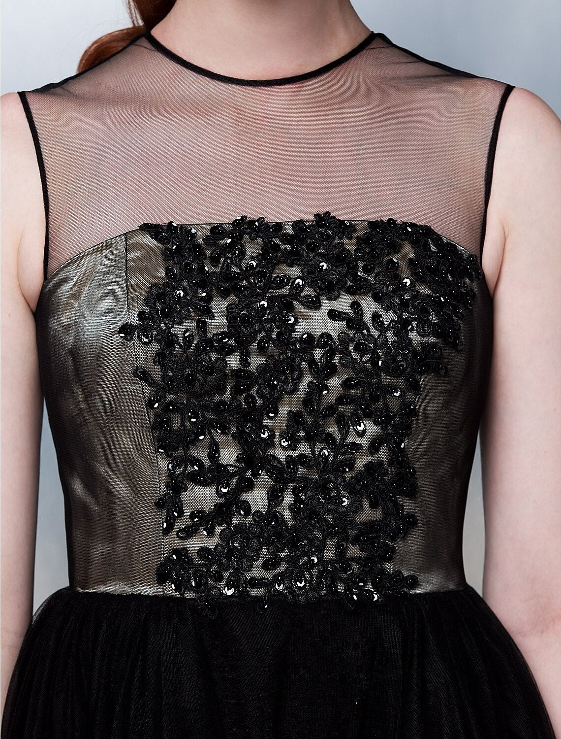 Ball Gown Illusion Neck Tea Length Tulle Celebrity Style Prom / Formal Evening Dress with Beading / Sequin / Appliques