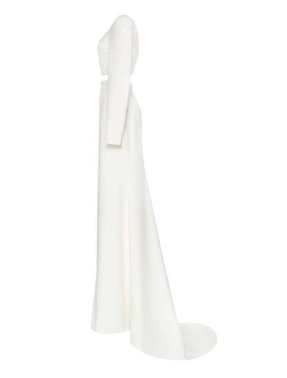 Vestido tubo/columna minimalista sexy para fiesta de cumpleaños, un hombro, manga larga, cola de corte, satén con abertura, color puro