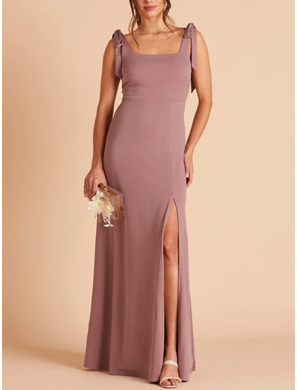 Vestido de dama de honor con corte tubo/columna, escote cuadrado, sin mangas, rosa, largo hasta el suelo, de gasa elástica con abertura frontal/fruncido