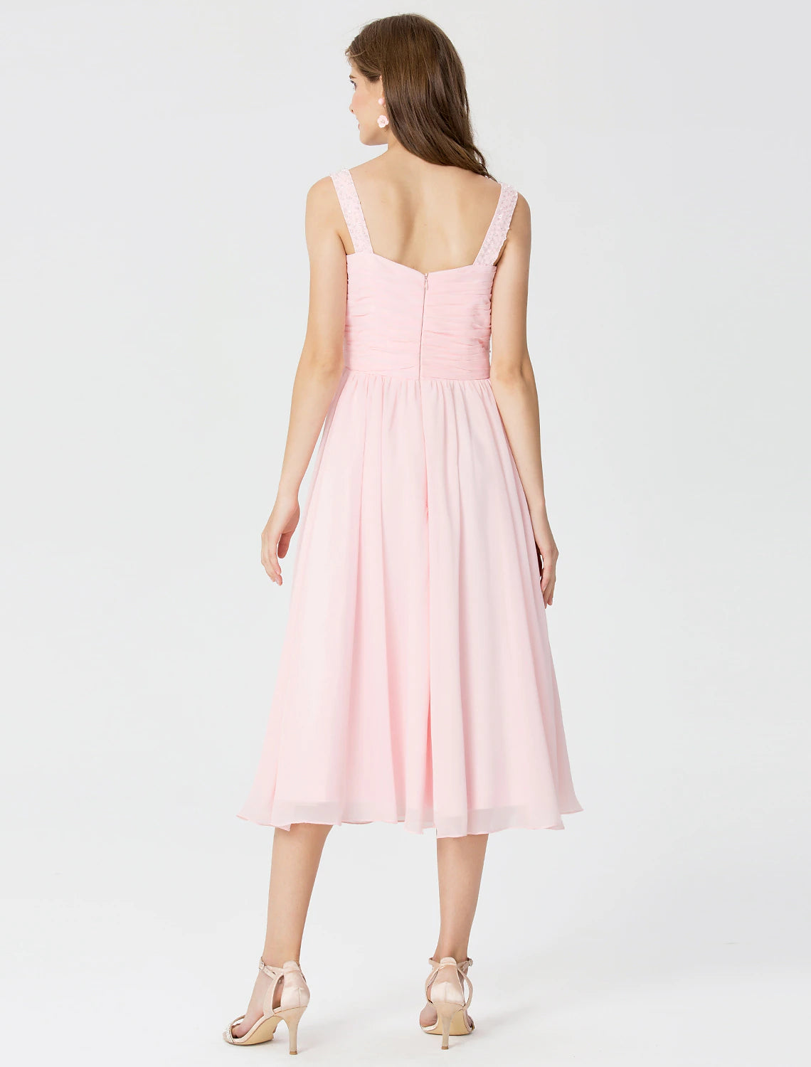 Ball Gown / A-Line V Neck Tea Length Chiffon Bridesmaid Dress with Criss Cross / Beading