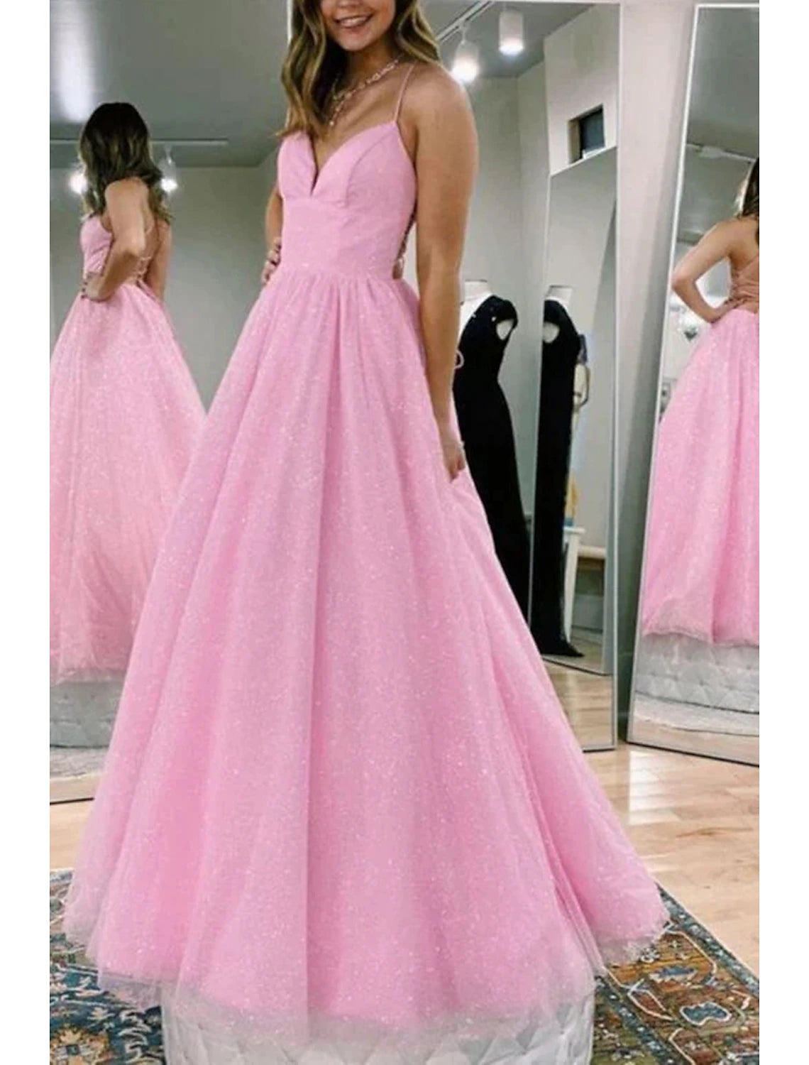 Ball Gown A-Line Prom Dresses Glittering Dress Formal Prom Floor Length Sleeveless V Neck Tulle Backless with Pleats