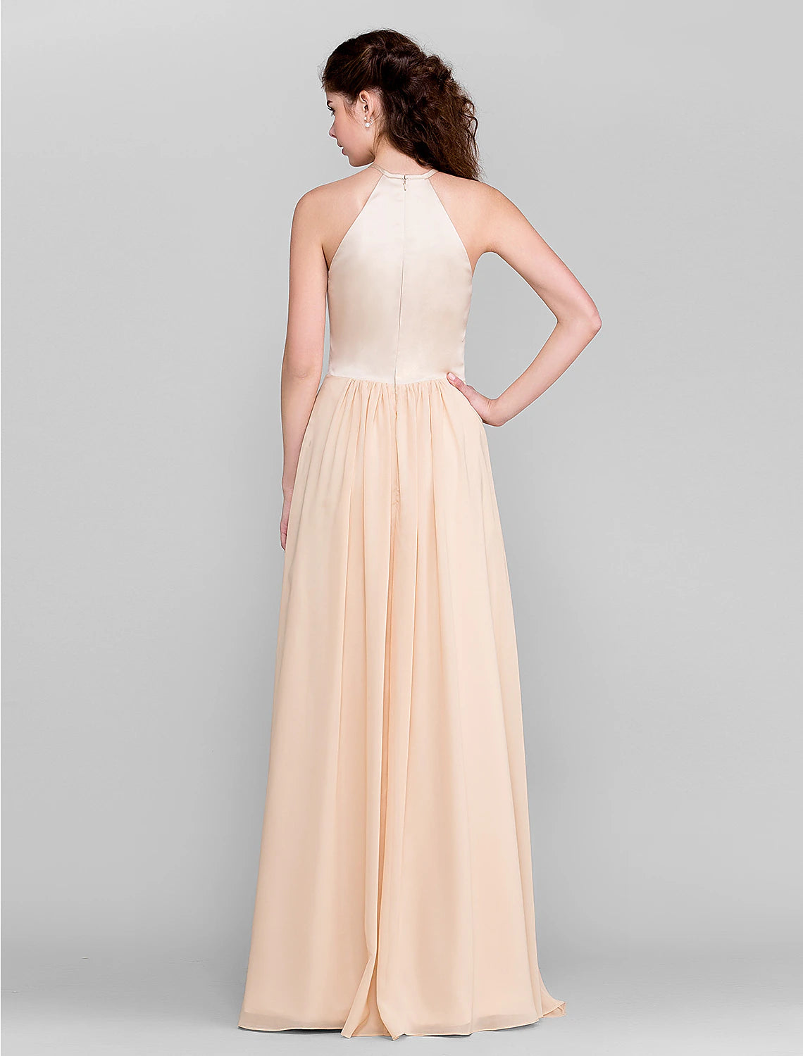 A-Line Jewel Neck Floor Length Chiffon / Satin Bridesmaid Dress with Pleats