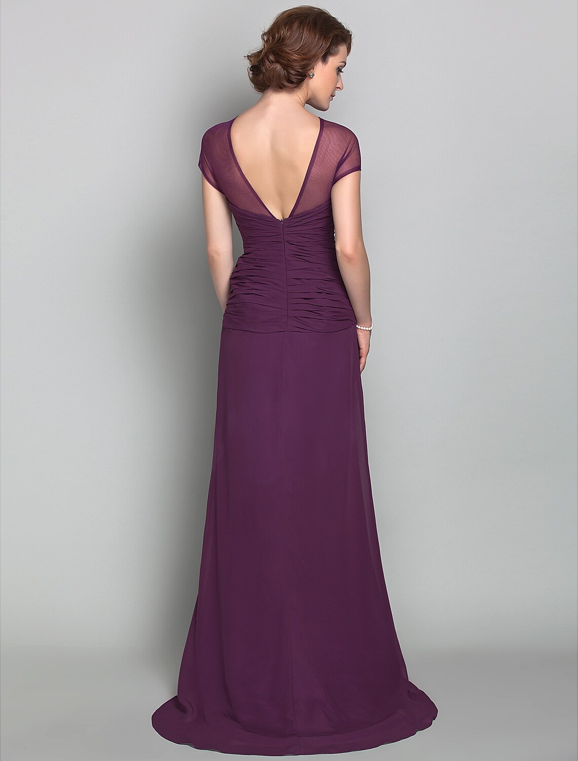 Sheath / Column Mother of the Bride Dress See Through Jewel Neck Sweep / Brush Train Chiffon Tulle Short Sleeve with Beading Side Draping