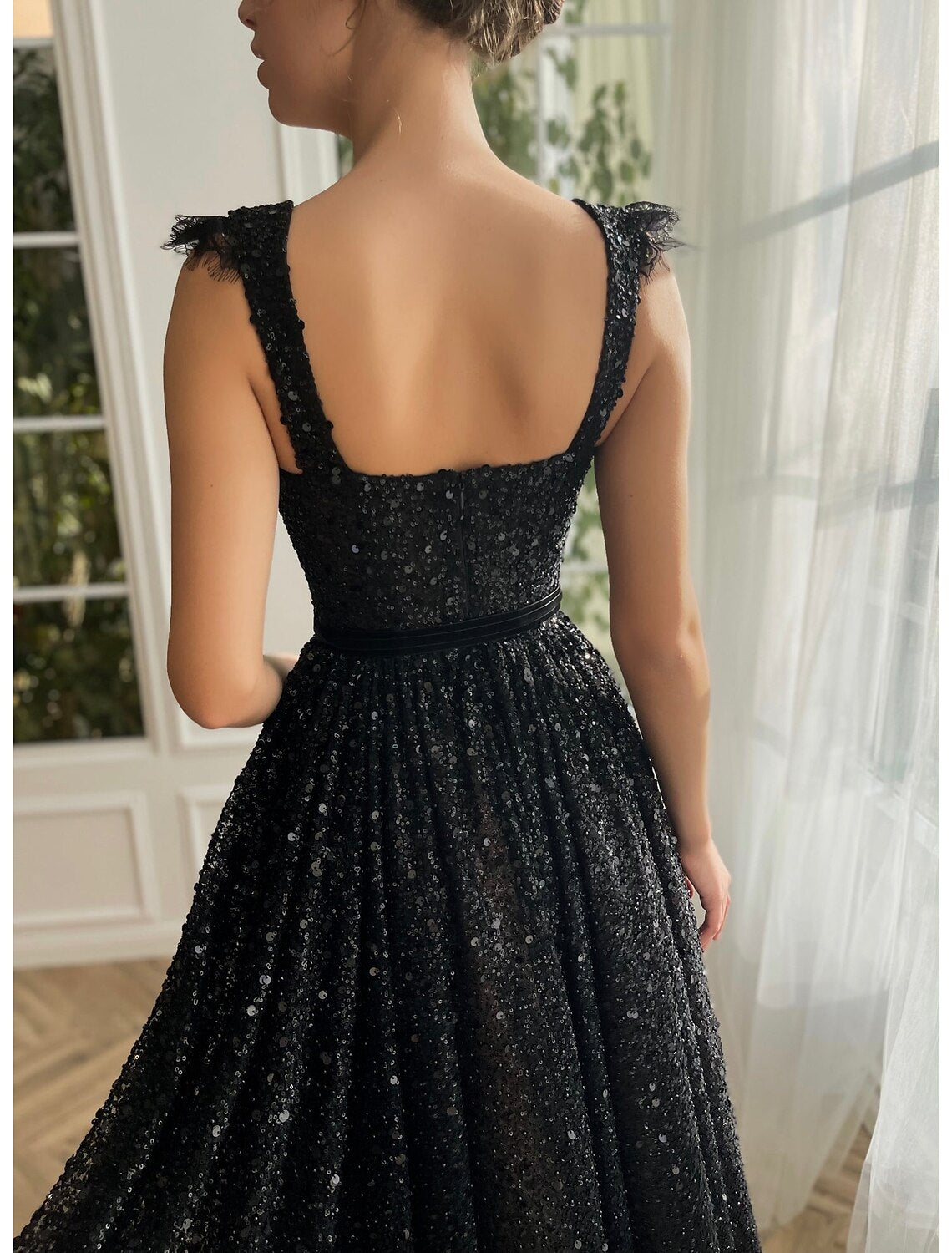 Schwarzes A-Linien-Ballkleid, Vintage-Kleid, Maskerade, Partykleidung, knöchellang, ärmellos, trägerlos, Mittwoch, Addams Family, Spitze mit Glitzerpailletten