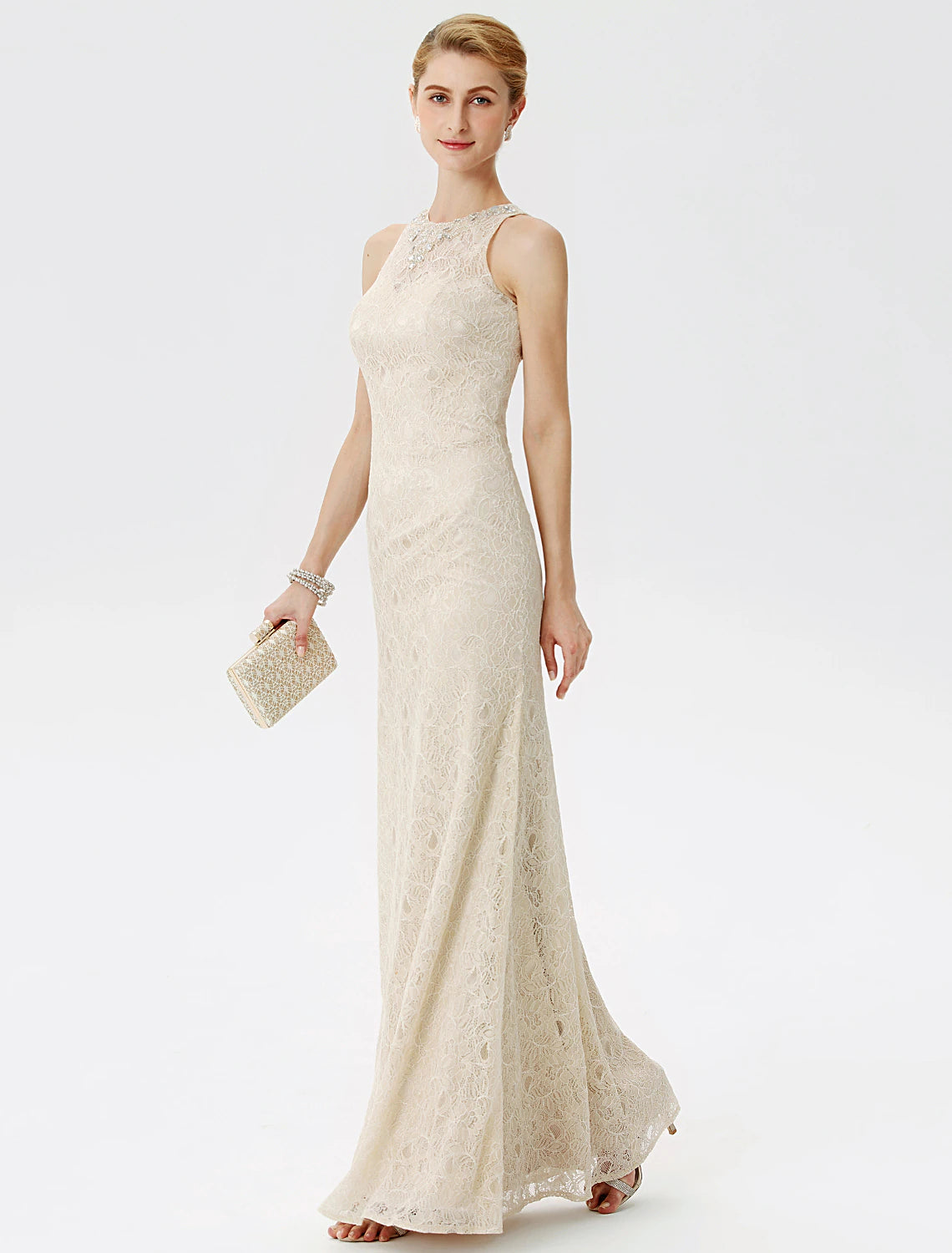 Sheath / Column Mother of the Bride Dress Elegant See Through Illusion Neck Floor Length Lace Sleeveless with Crystals Beading