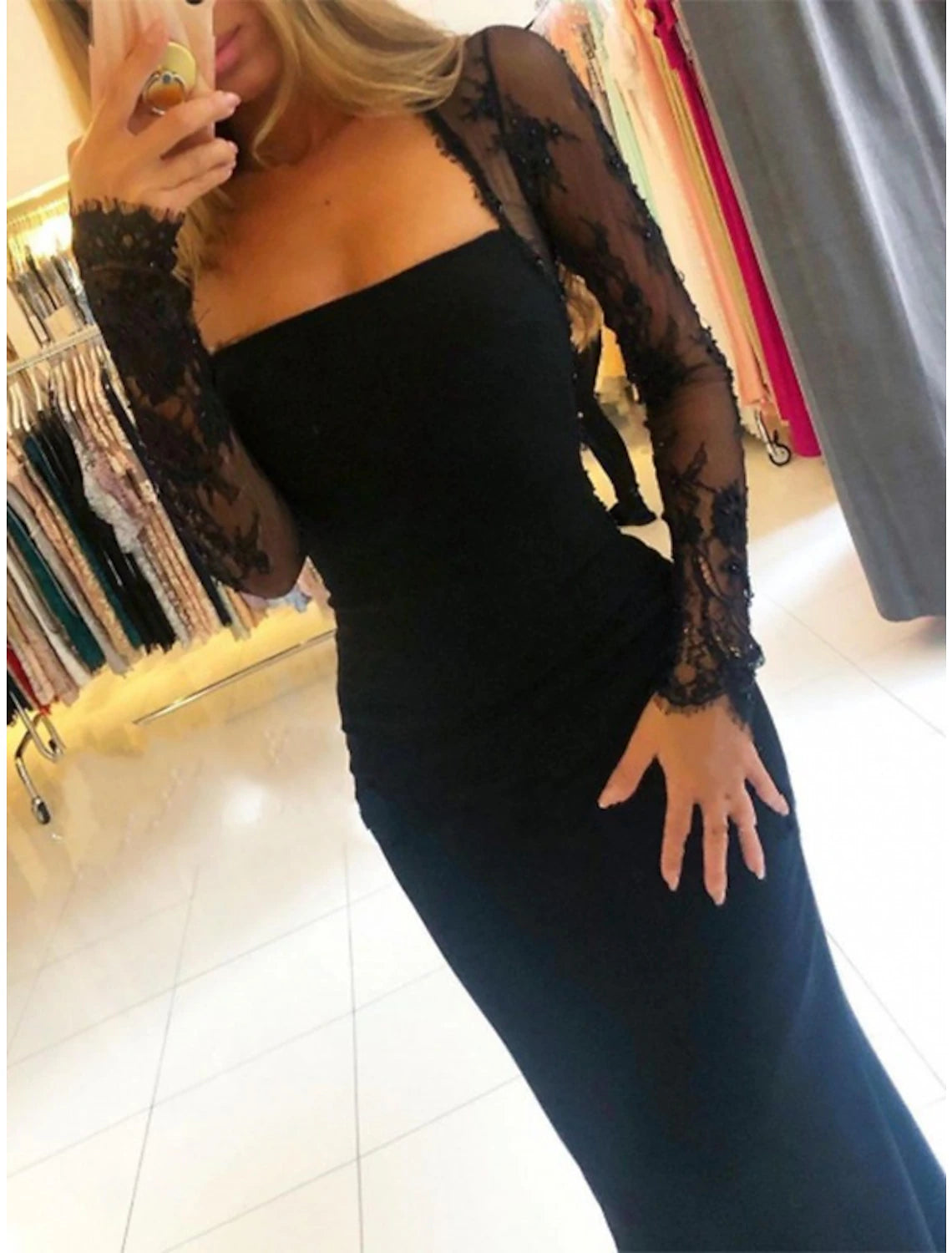 Mermaid / Trumpet Prom Dresses Open Back Dress Formal Court Train Long Sleeve Strapless Stretch Fabric Backless with Beading Appliques