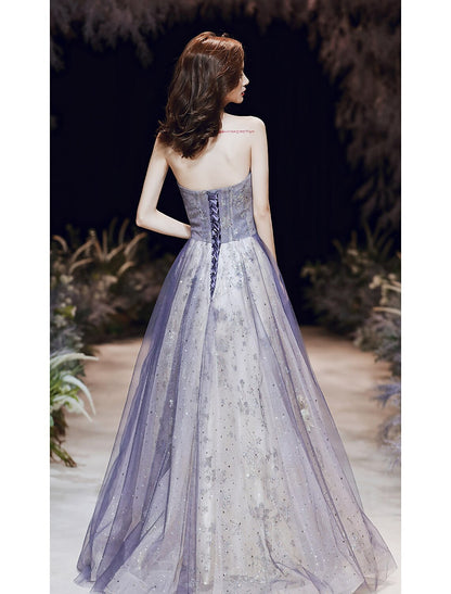 A-Linie Glitzer Elegant Hochzeitsgast Abschlussball Formelles Abendkleid Trägerlos Ärmellos Bodenlang Satin