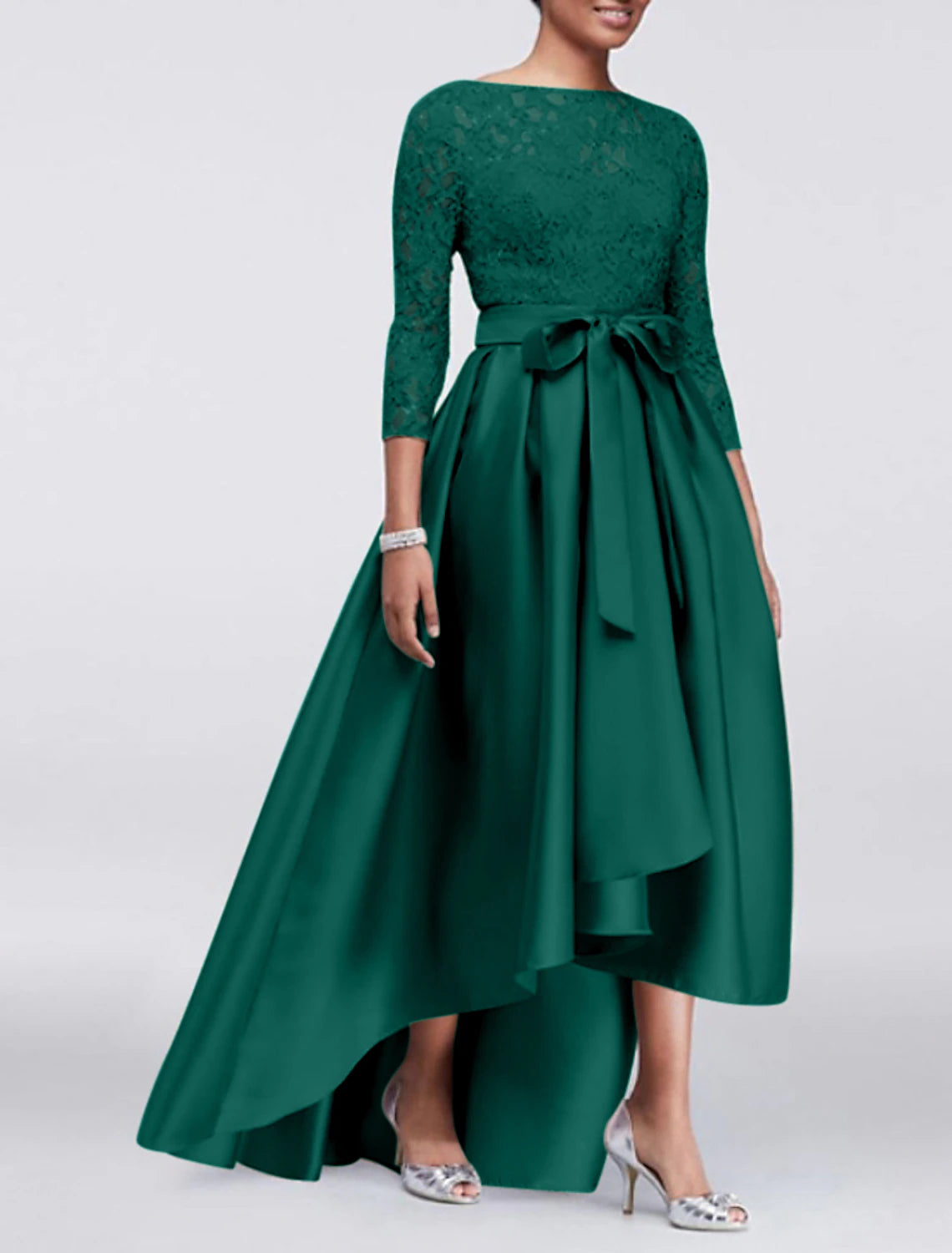 A-Line Mother of the Bride Dress Wedding Guest Elegant Plus Size High Low Jewel Neck Asymmetrical Satin Lace 3/4 Length Sleeve with Sash / Ribbon Appliques