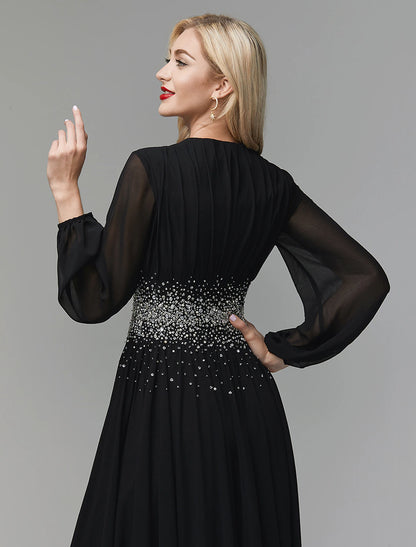 A-Line Evening Dress Celebrity Red Carpet Formal Gown Party Dress Black Tie Wedding Guest Floor Length Long Sleeve V Neck Chiffon with Sequin