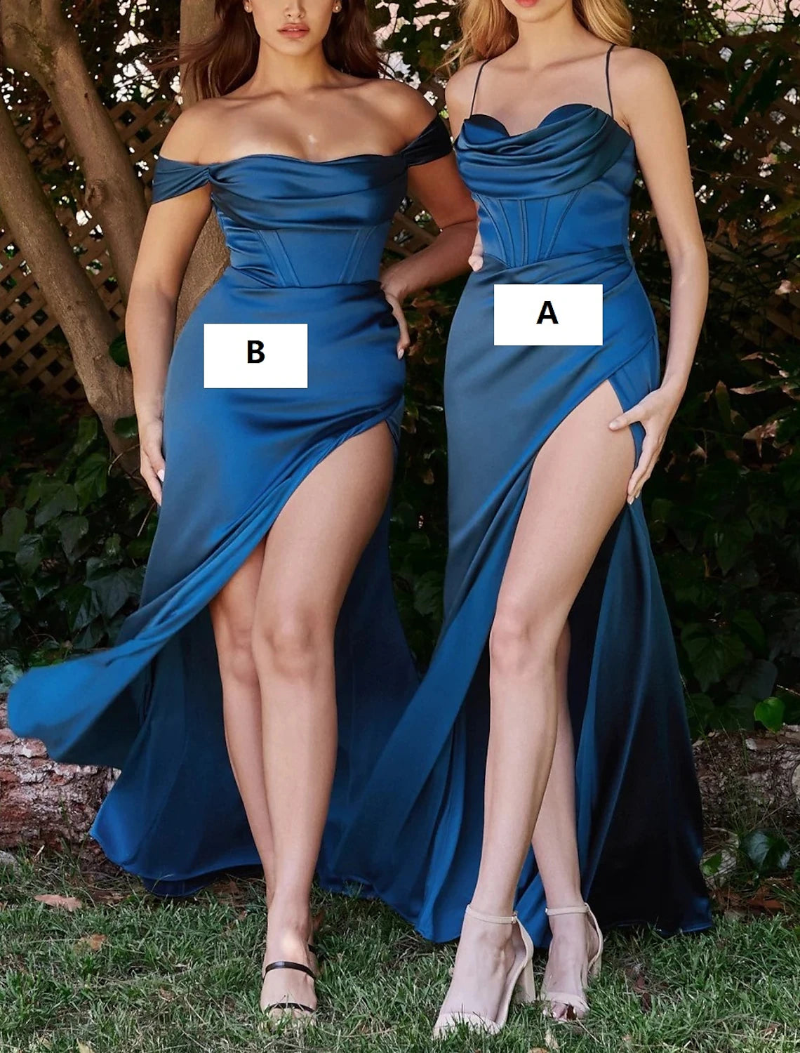 Vestido de dama de honor de corte sirena/trompeta, hombros descubiertos, sin mangas, azul, largo hasta el suelo, de gasa con abertura frontal/fruncido 