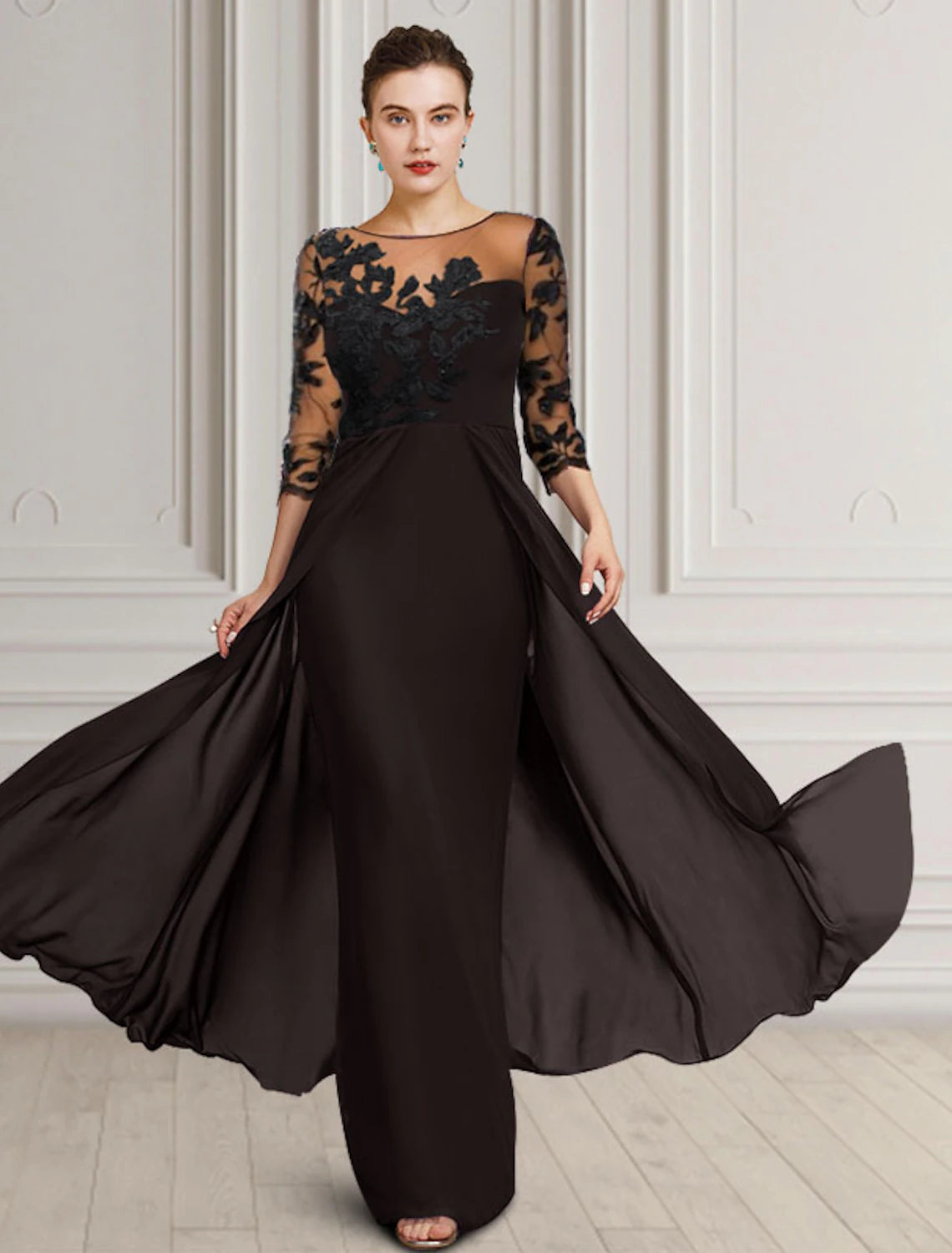 Sheath / Column Mother of the Bride Dress Wedding Guest Elegant Jewel Neck Floor Length Chiffon Lace 3/4 Length Sleeve with Appliques