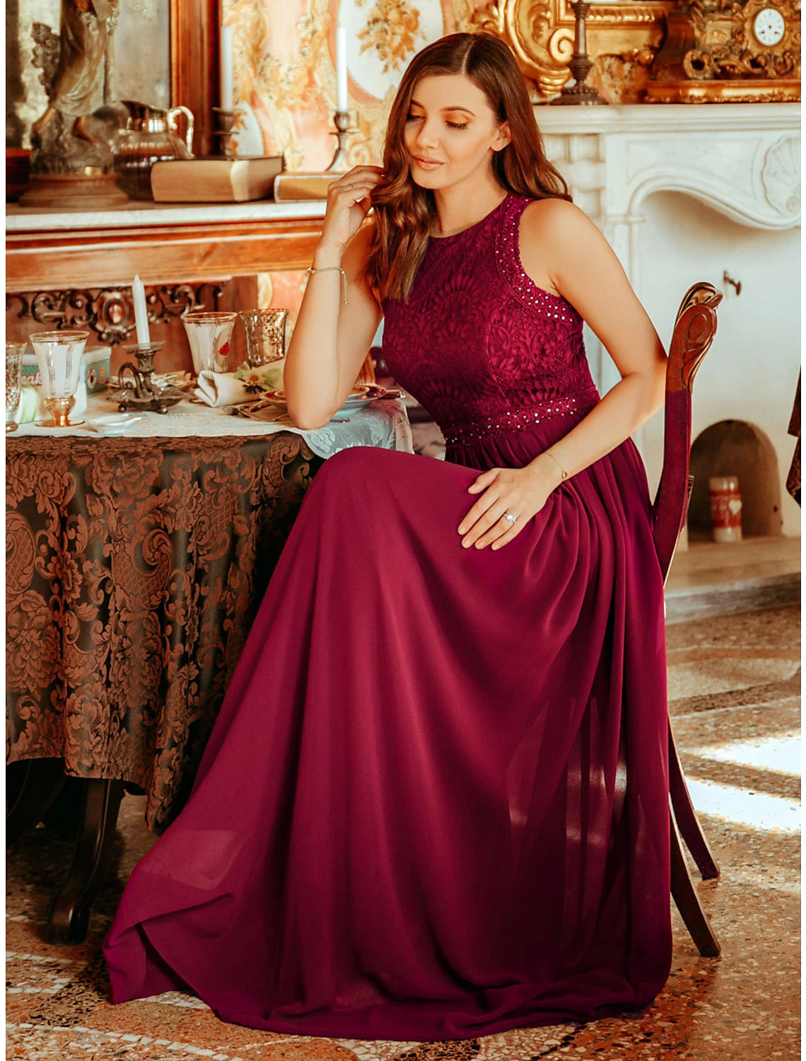 A-Linie Ballkleider Maxikleid Hochzeitsgast Ball Bodenlang Ärmellos Rundhals Brautjungfernkleid Chiffon mit Falten Spitzeneinsatz