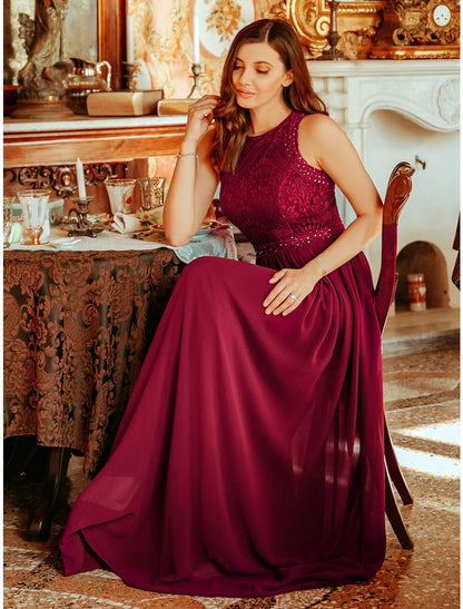 A-Linie Ballkleider Maxikleid Hochzeitsgast Ball Bodenlang Ärmellos Rundhals Brautjungfernkleid Chiffon mit Falten Spitzeneinsatz