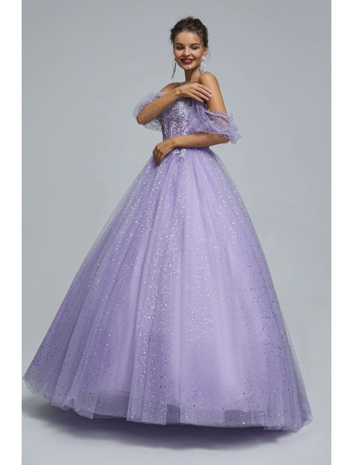 Vestido de fiesta de princesa, para graduación, quinceañera, largo hasta el suelo, manga corta, escote corazón, tul con apliques de lentejuelas.